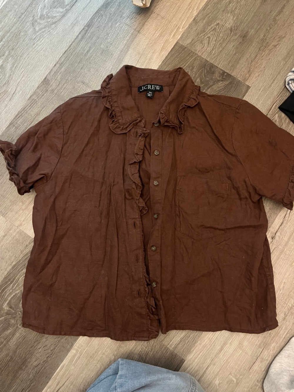 J. Crew Brown Ruffle-Trim Short Sleeve Linen Shirt - Picture 2 of 3